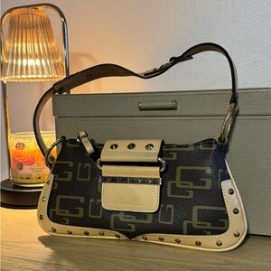Vintage Y2K Guess Monogram Shoulder Bag Brown Tan Studded G Logo Purse 2000s
